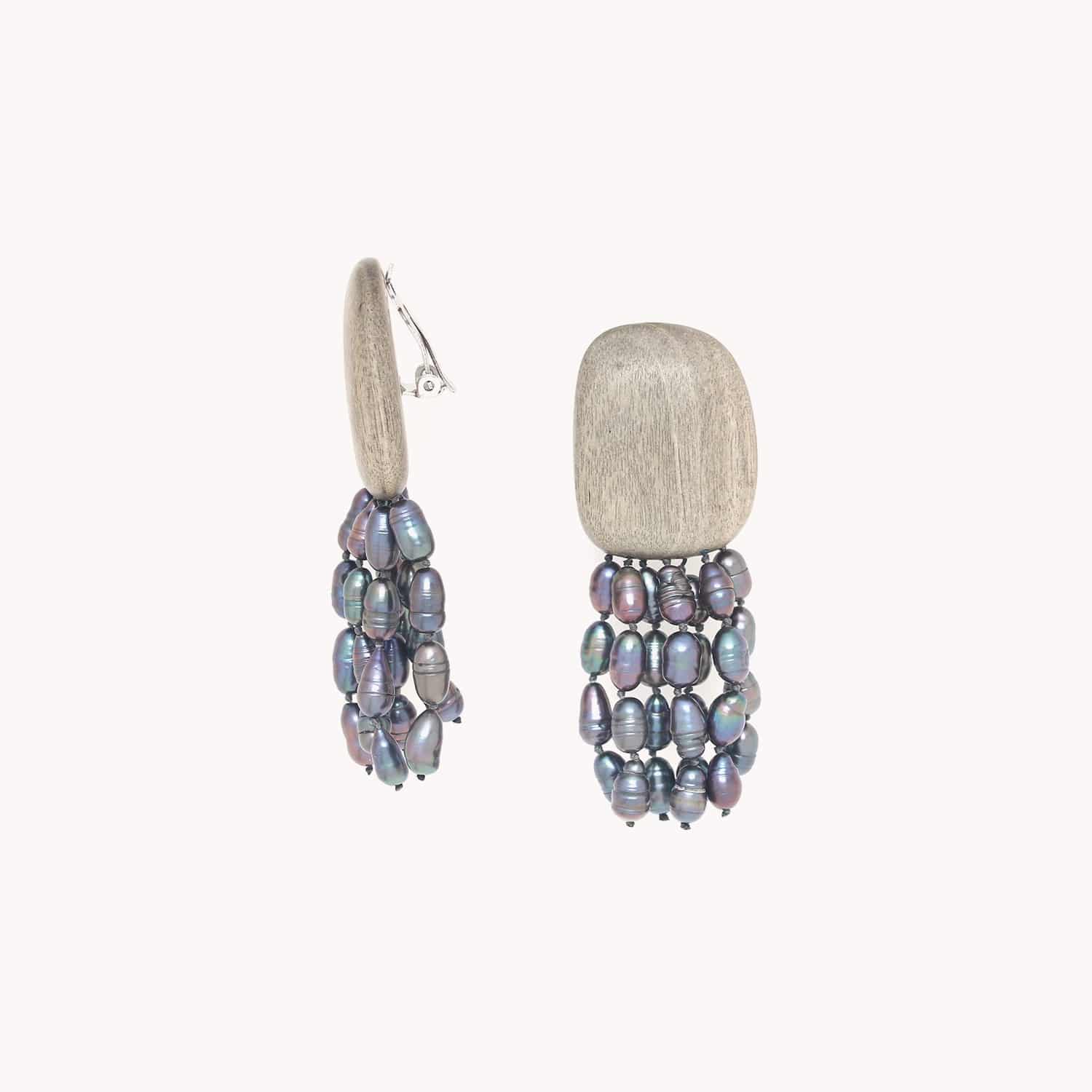 Boucles d'oreilles Pebble Beach bois ébène gris perles 11--90370 Nature Bijoux
