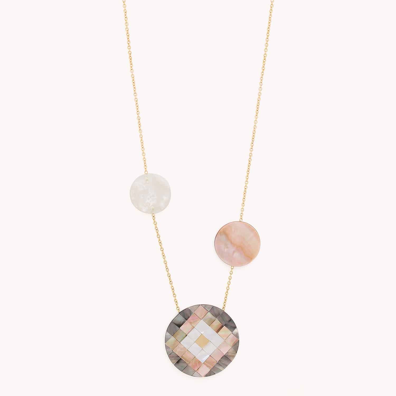 Collier San Lazzaro nature bijoux 3 disques nacre blanche brune dorée 15--43560