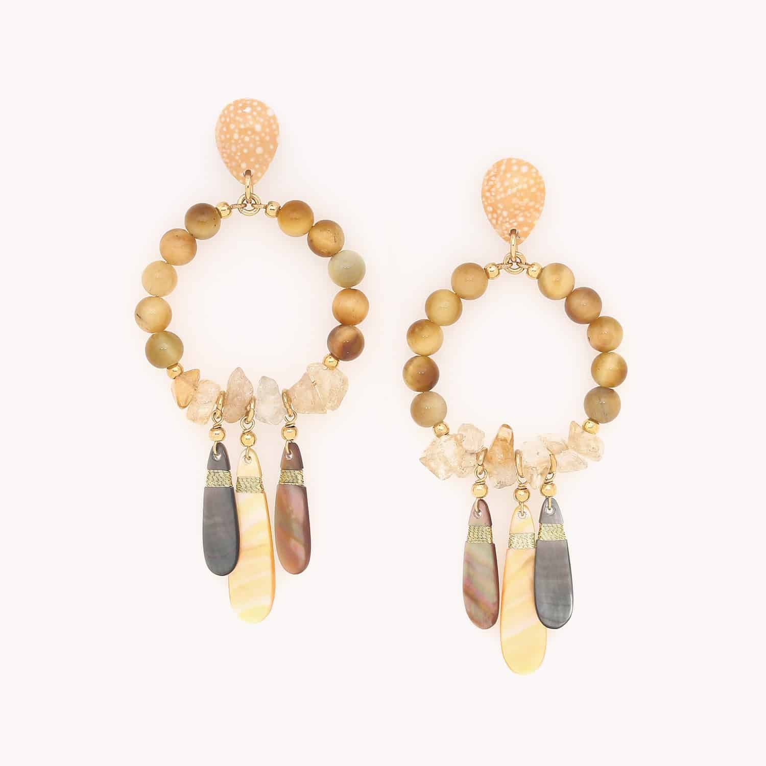 Boucle d'oreille Alegria Beach en Cyprea Miliaris Oeil de Tigre Citrine 12--90504 Nature Bijoux