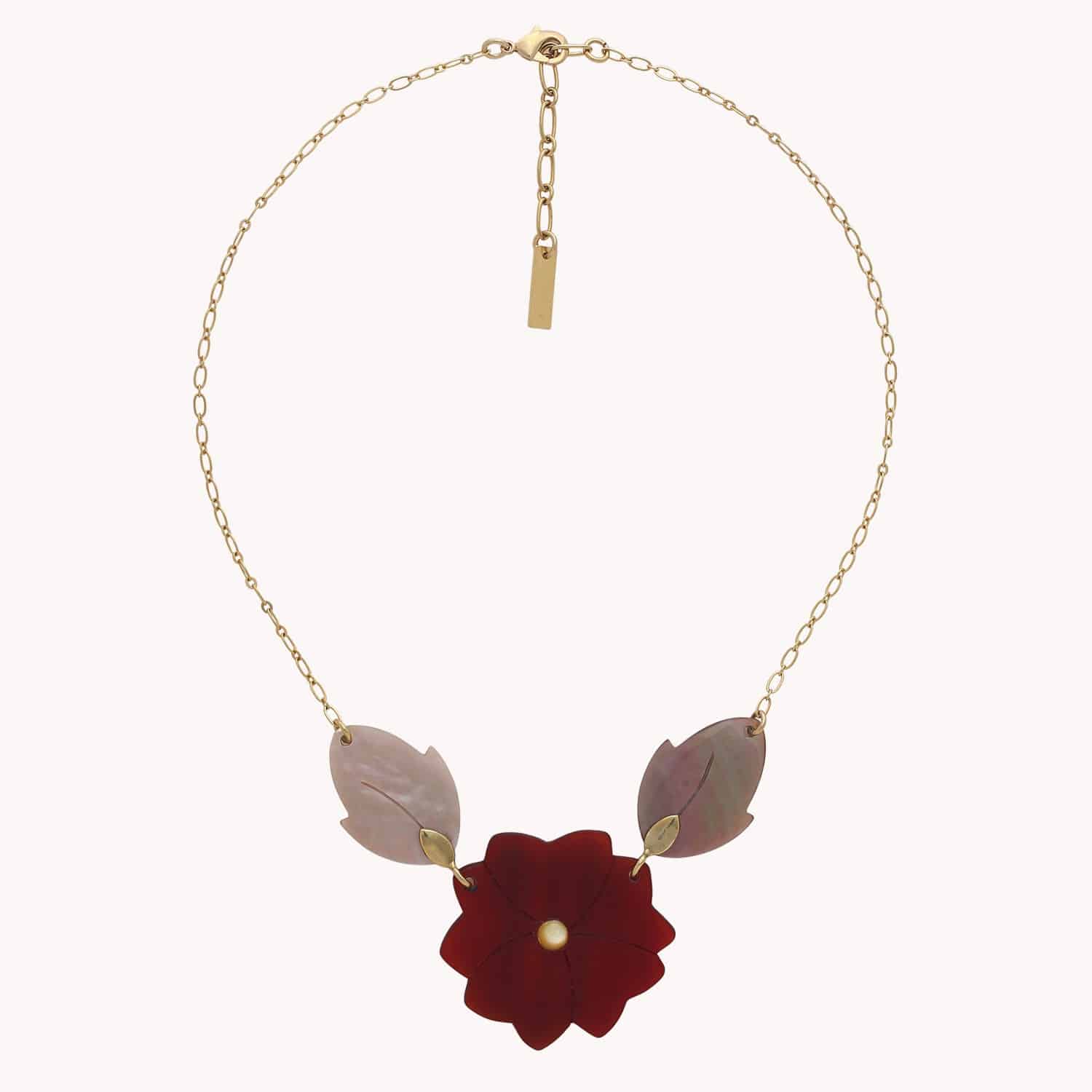 Collier Son Jardin 3 éléments fleur rouge et feuille nacre brune 15--43843 Nature Bijoux