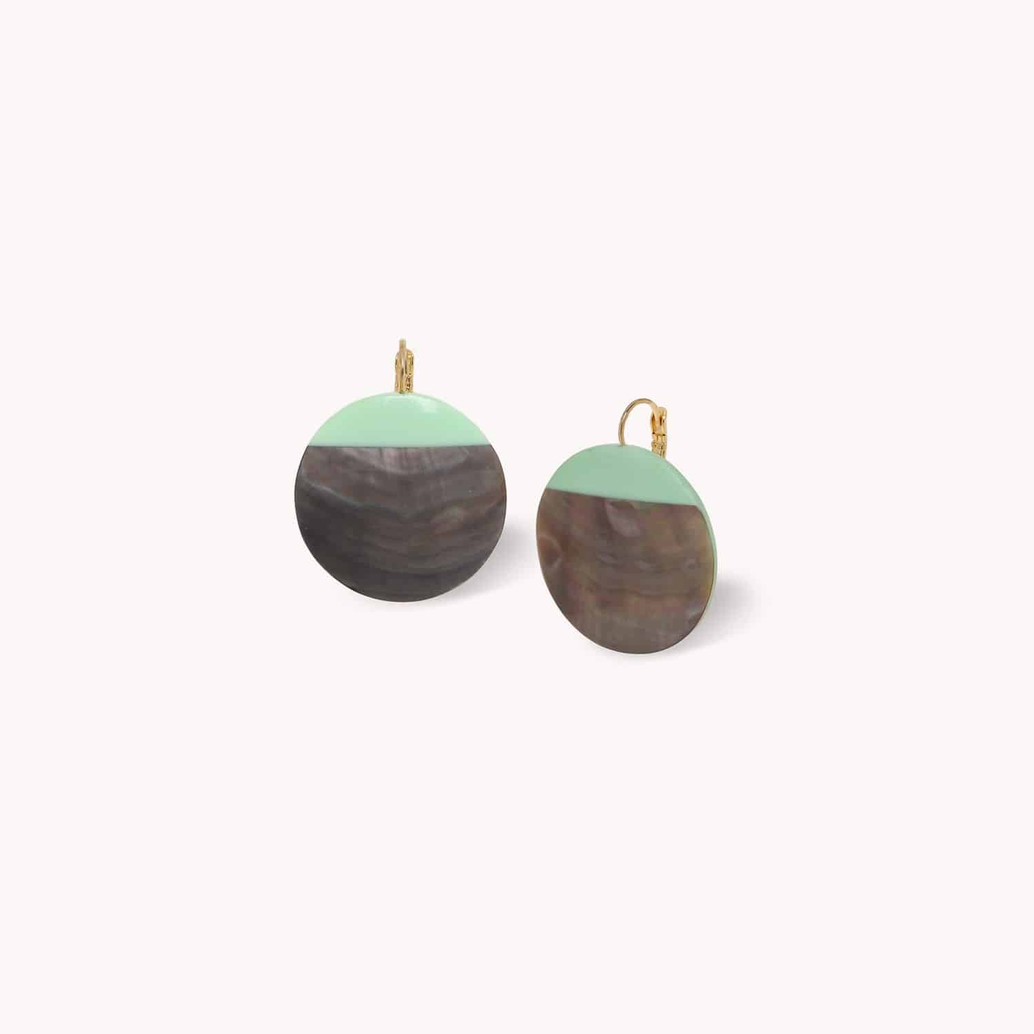 Boucles d'oreille Horizon Dormeuses Rondes Vert d'eau et Nacre Noire 12--90737 Nature Bijoux