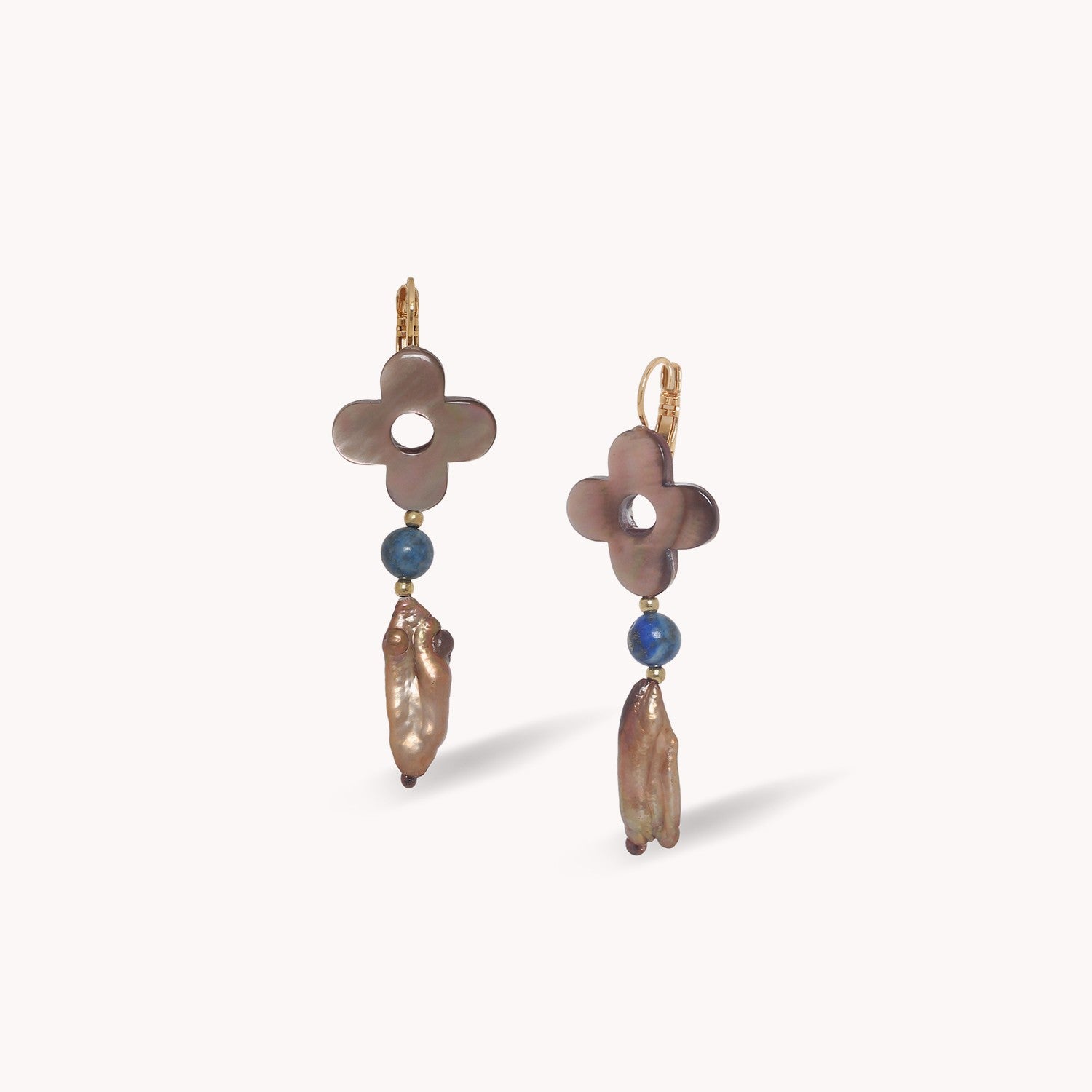 Boucles d'oreilles Montmartre laiton, lapis-lazuli, nacre brune, perles de culture 12--90697 Nature Bijoux