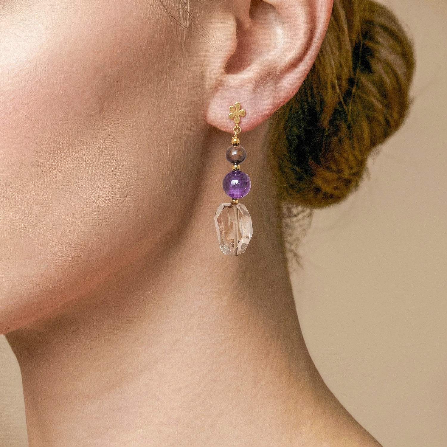Boucles d'oreille portée détail quartz fumé 12--90833 Nature Bijoux
