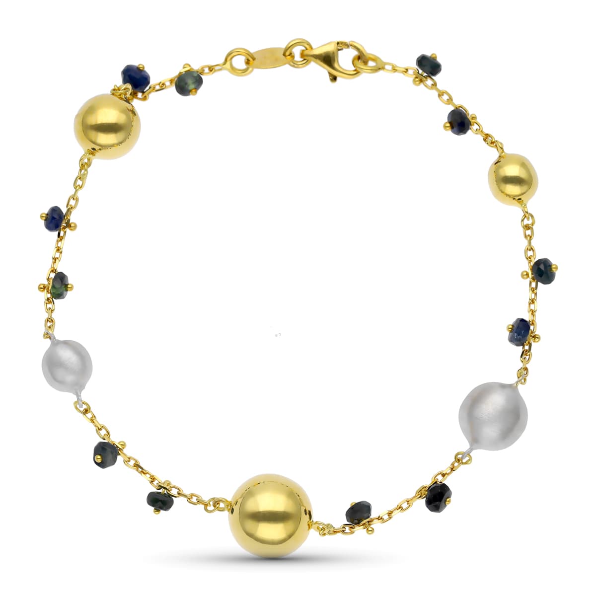 18K Bracelet Or Bicolore Mate et Brillant Boules et Pierres