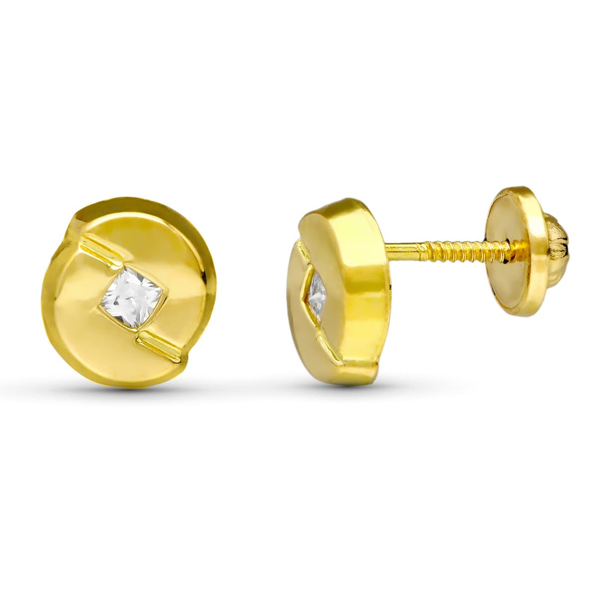 18 Ayar Sarı Altın Zirkon Küpe. 7X6 mm Vidalı Toka