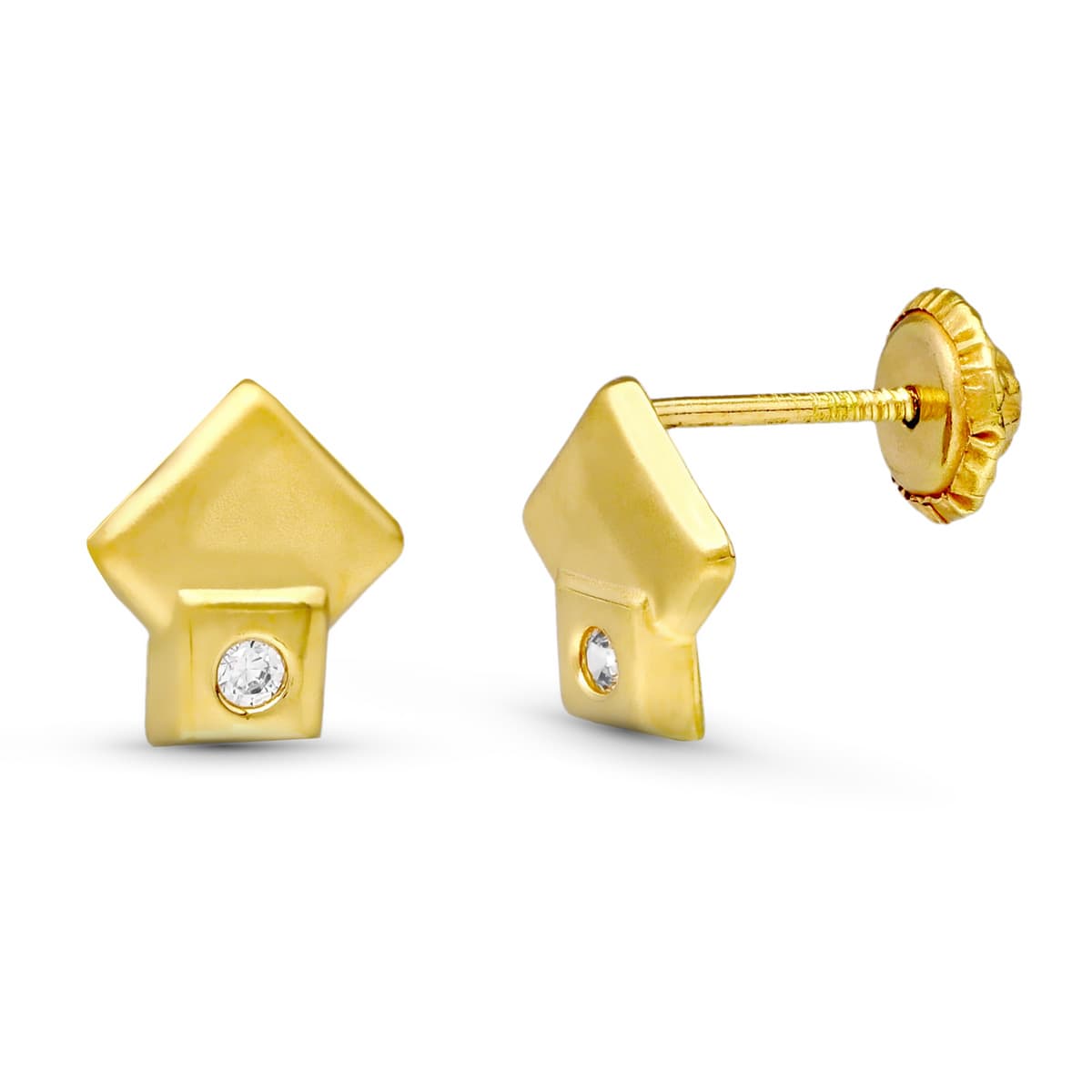 18 Ayar Sarı Altın Pırlanta Küpe. 7X7 mm Vidalı Toka