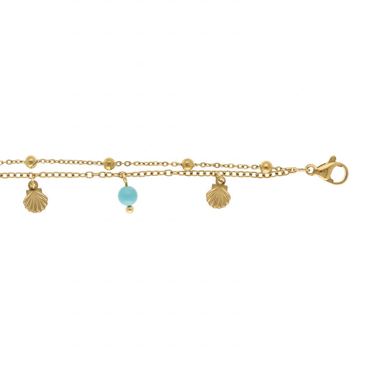 Chaîne de cheville coquillages et boules turquoise en acier doré