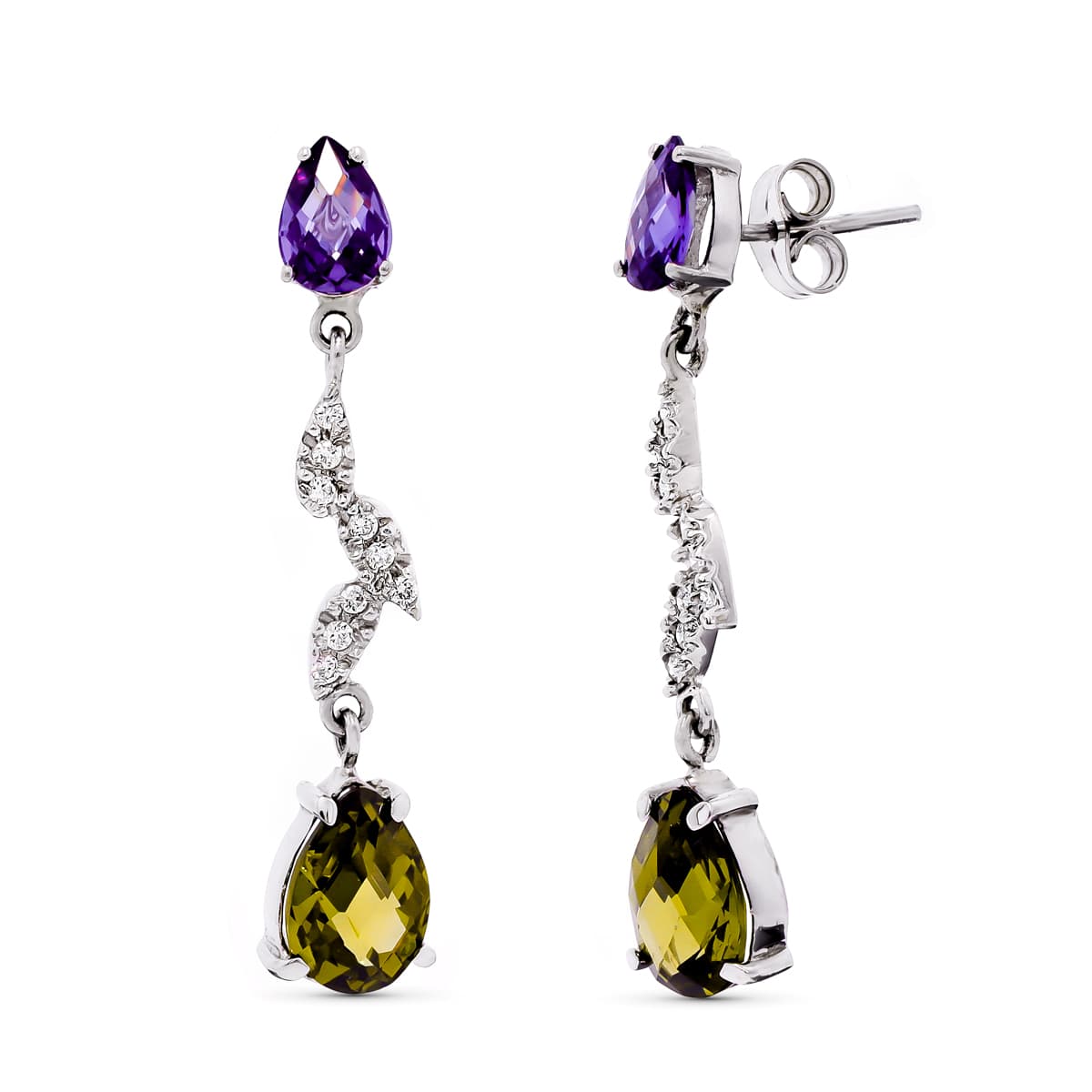 18K Boucles d'oreilles Or Blanc Pierres et Zircons 36X7 mm