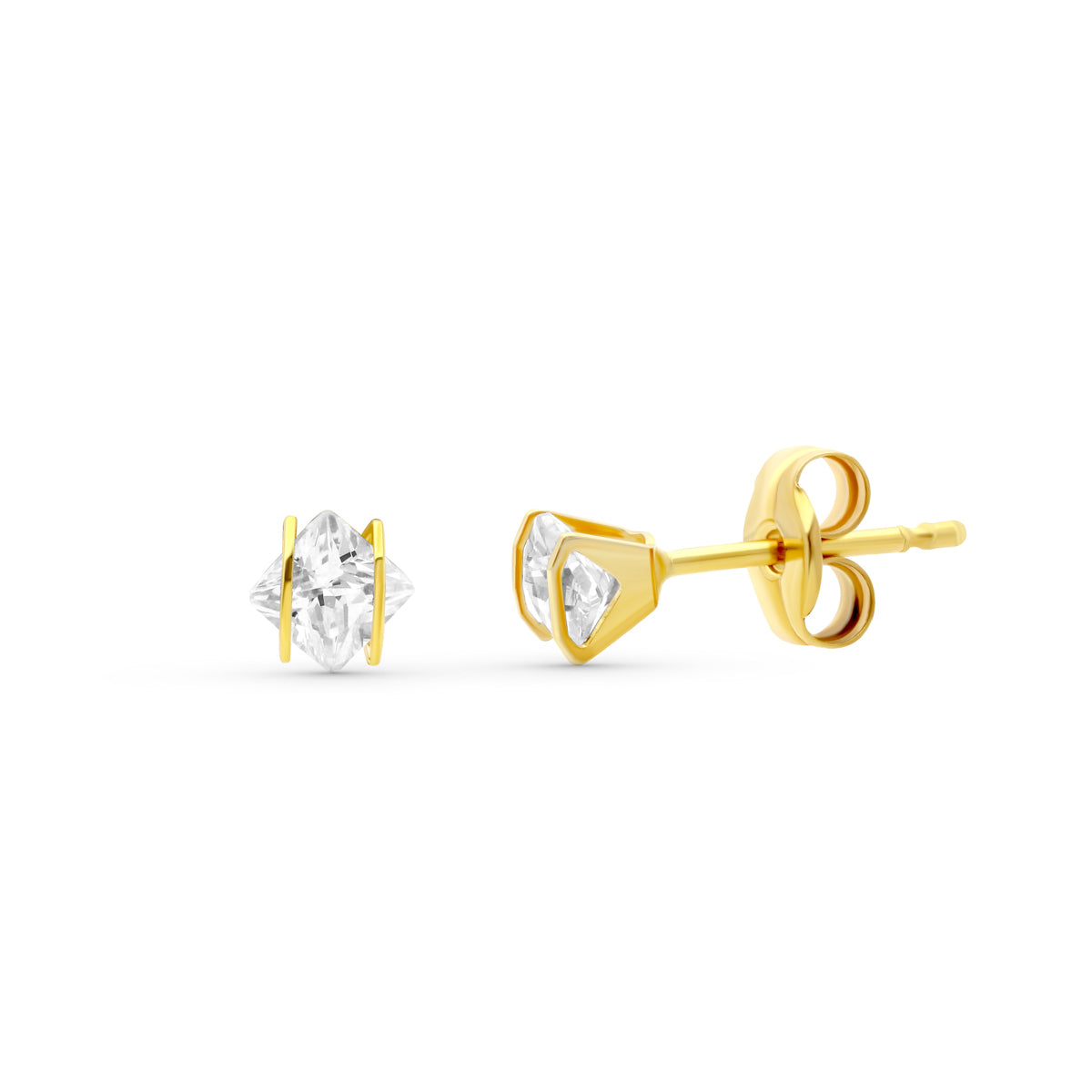 18K Sarı Altın, Zirkonlu 3X3 Mm Küpe. Kelebek Bebek Arabası Tokası