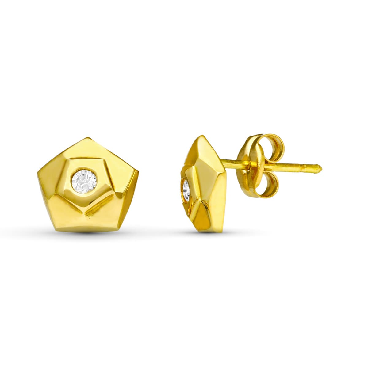 18K Sarı Altın Beşgen Saplama Küpe. 7X7 mm Kelebek Bebek Arabası Tokası