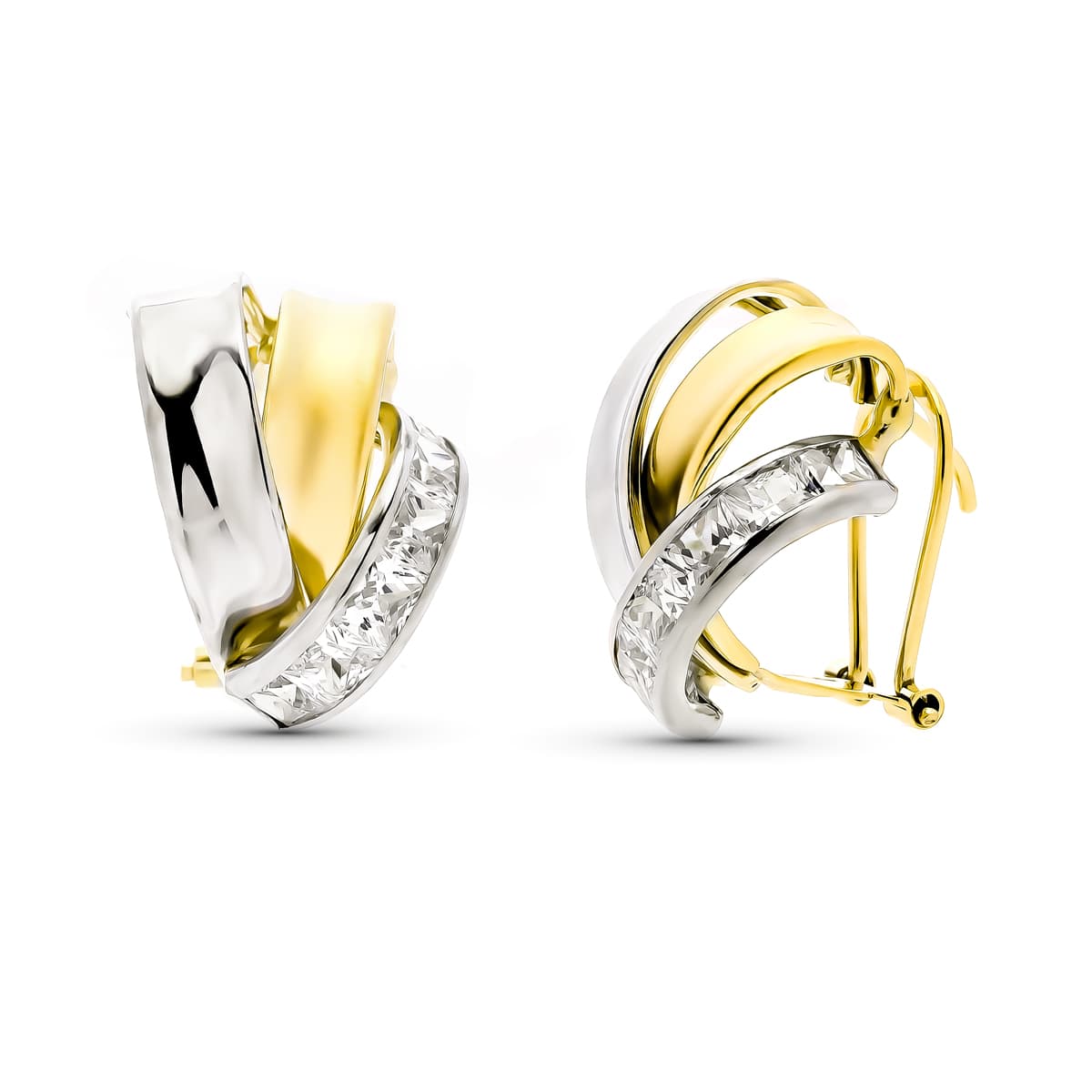 9K Pendientes Oro Bicolor Bandas Con Circonitas. Medida: 16X13 Mm. Cierre Omega