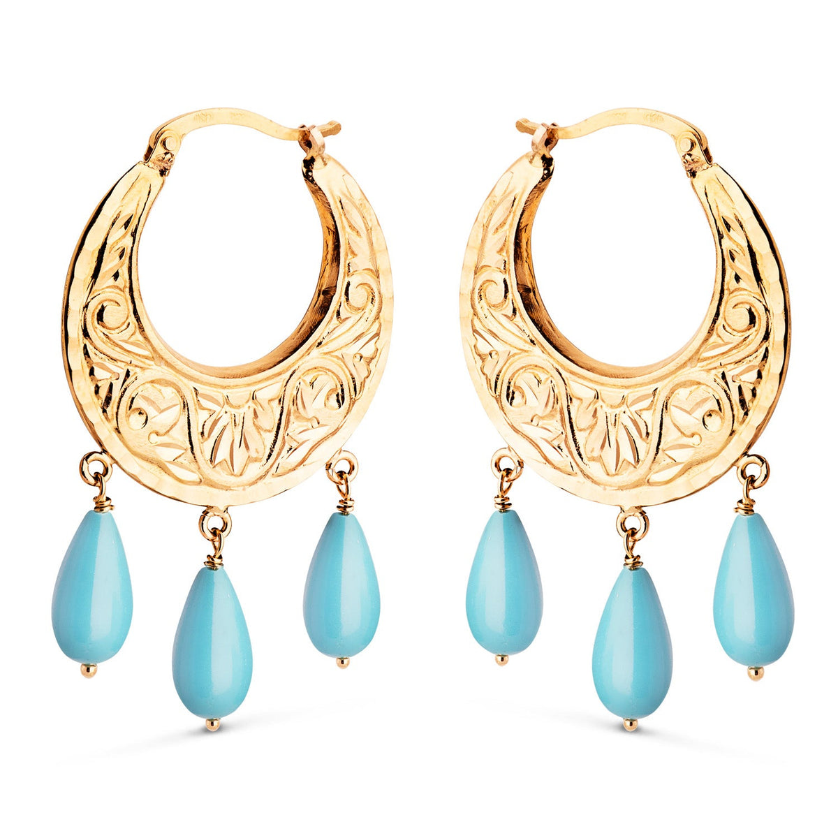Créoles sculptées à pendants gouttes – Or jaune 18 carats – Turquoise