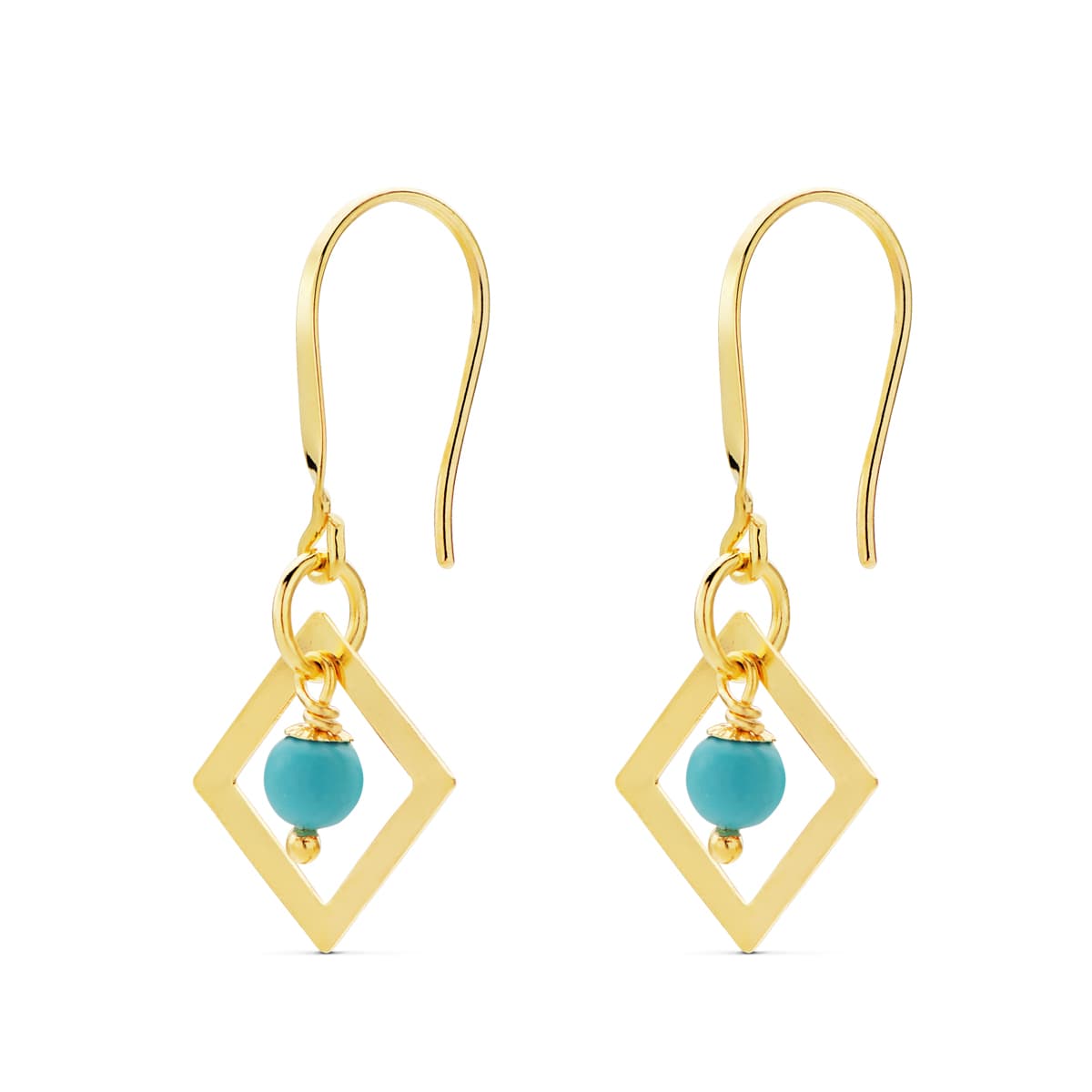 Boucles d'oreilles Or Jaune 18K Carré avec Turquoise Taille : 30 X 14 mm Fermeture à Crochet