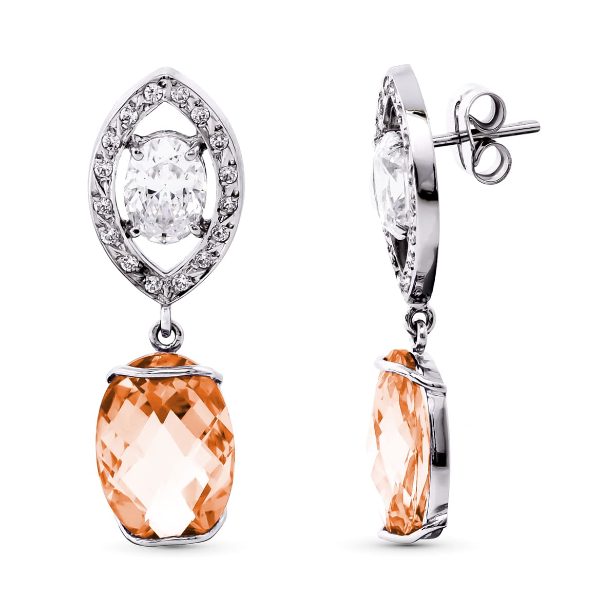 18K White Gold and Zircons Earrings with Colored Stone 35X11 mm Butterfly Push Clasp