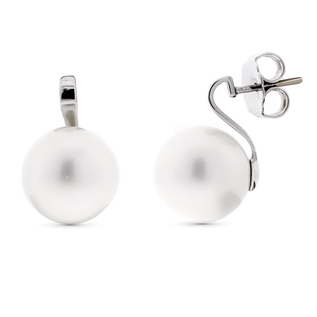 18K Boucles d'oreilles Or Blanc Perle 15 mm Fermoir Poussettes
