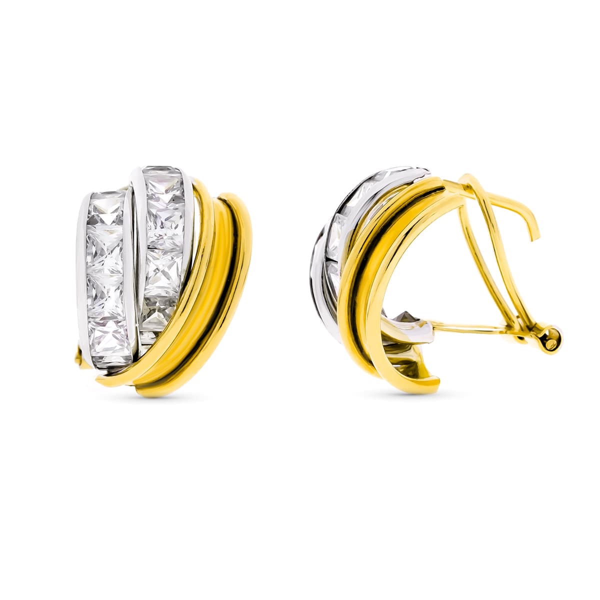 Brincos de ouro bicolor 18K e fecho Omega de zircões