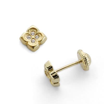 18 Ayar Sarı Altın Çiçek ve Zirkon Küpe 6 X6 mm Vidalı Toka