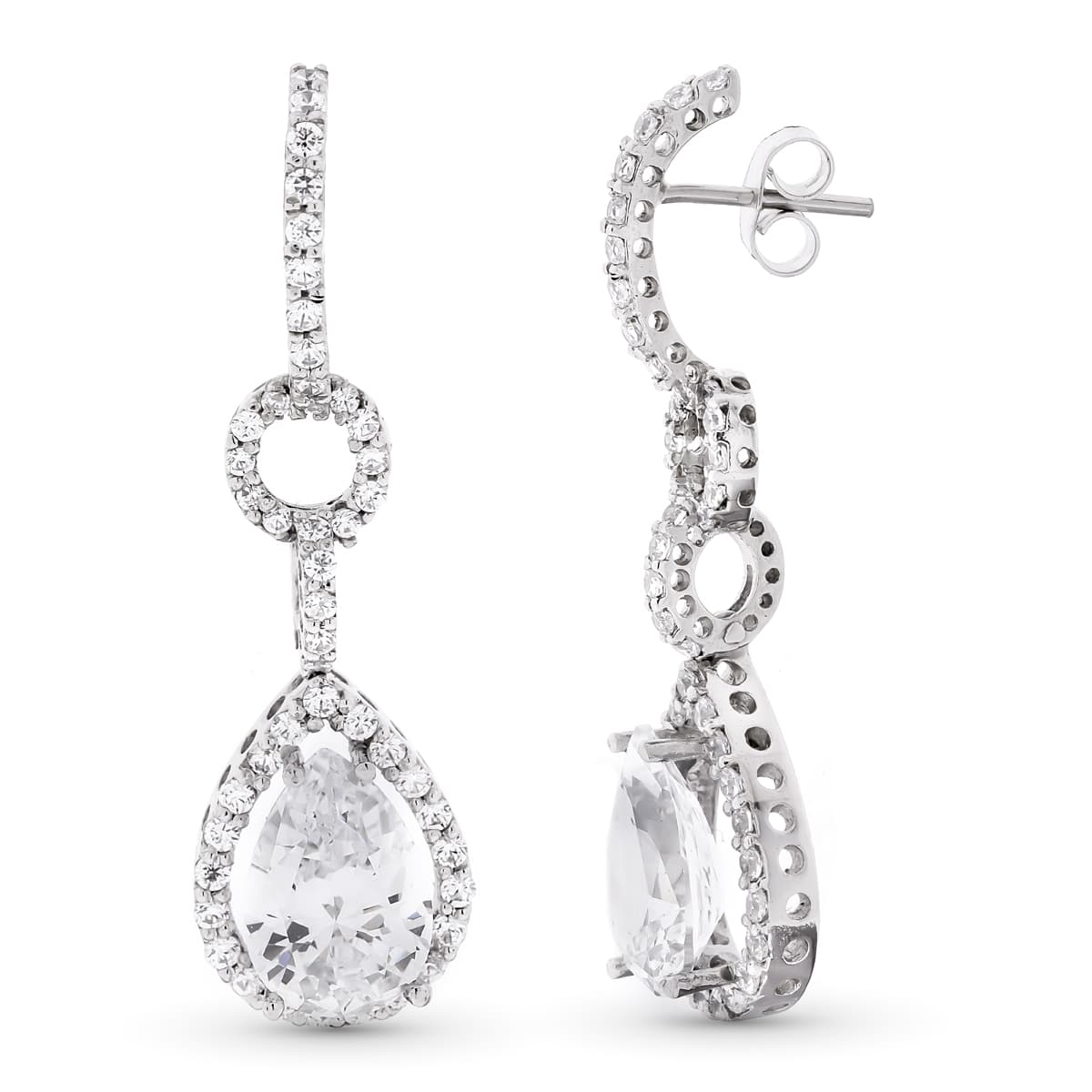 18K Boucles d'oreilles Or Blanc et Zircons 41 X 11 mm Fermoir Poussettes Papillon