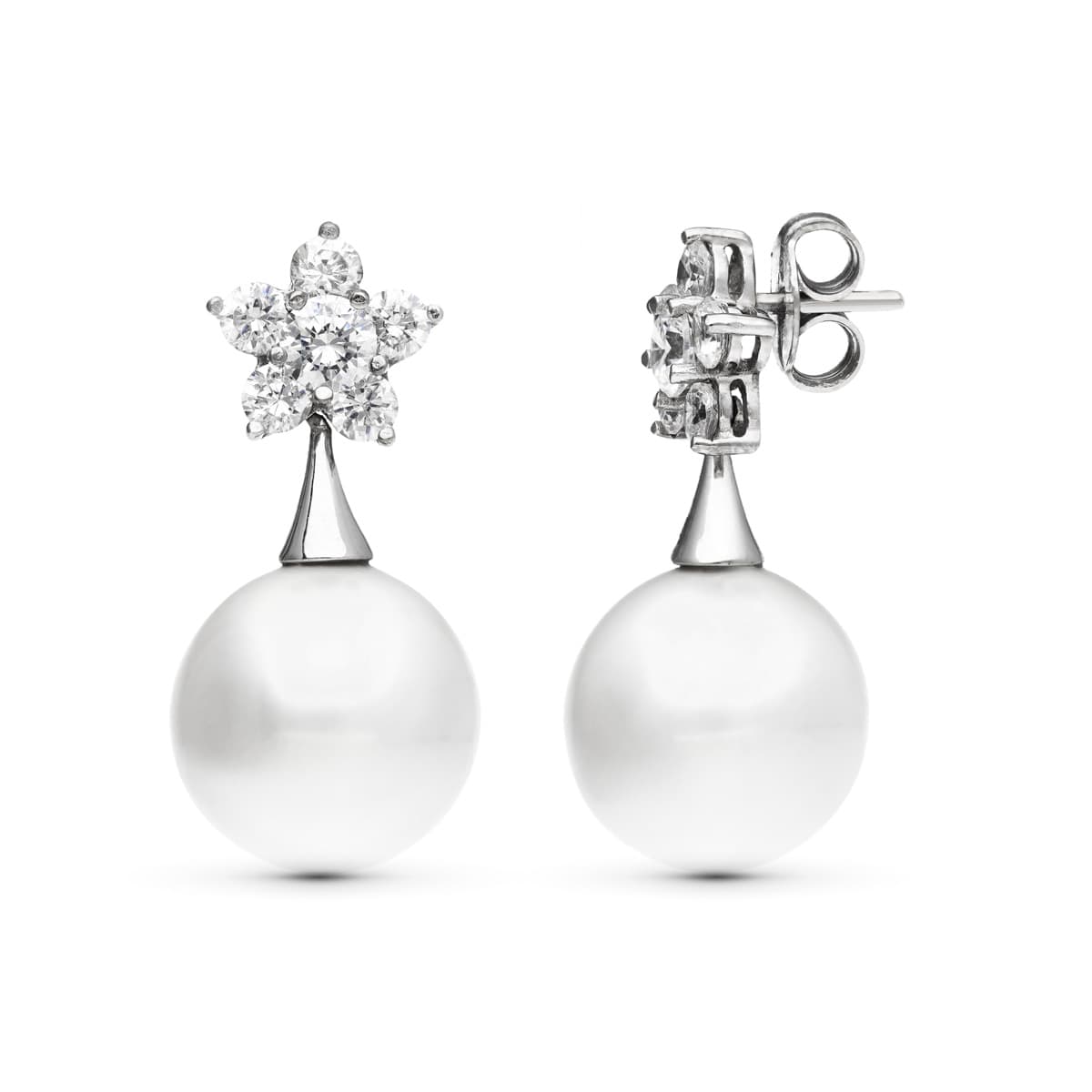 Pendientes Oro Blanco 18K Flor y Perlas Circonitas Cierre Mariposa 14mm