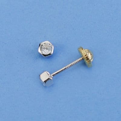 18K Hexagonal Cubic Zirconia Earrings 3X3 mm Screw Clasp