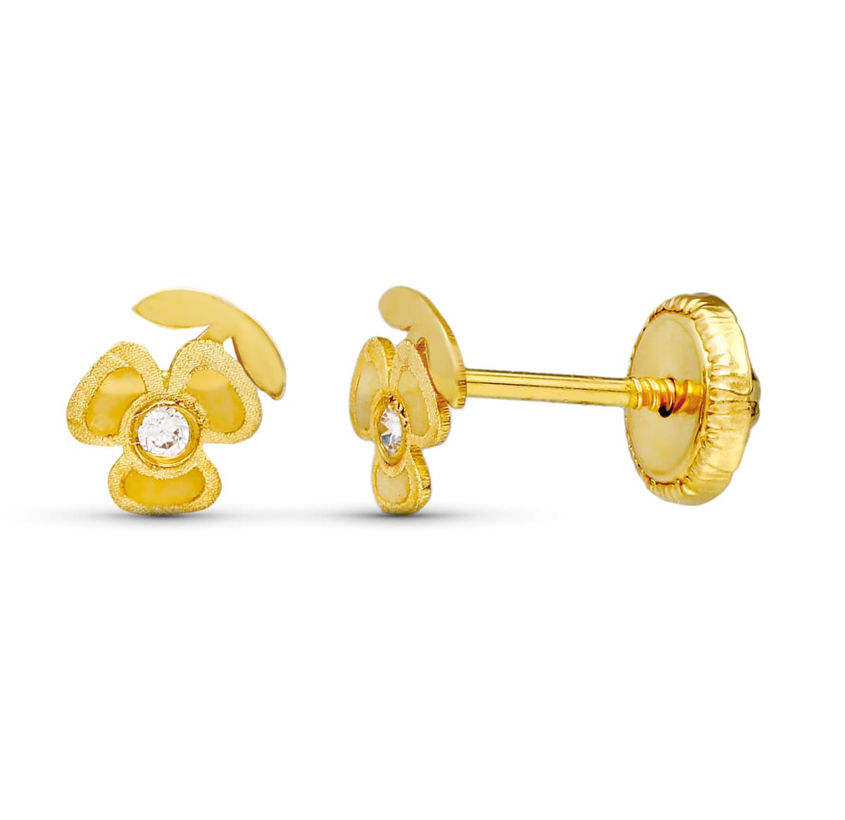 18K Sarı Altın Lazer Yonca Saplama Küpe. 5X4 mm Vidalı Toka