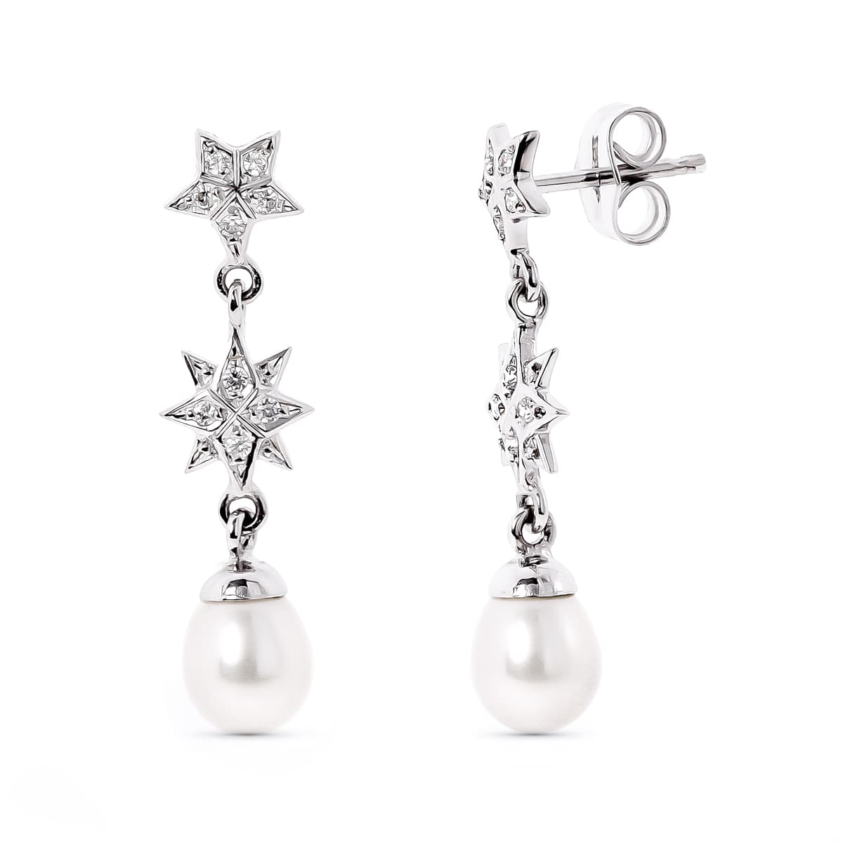 Pendientes Oro Blanco 18K Estrellas Circonitas y Perlas Cierre Mariposa