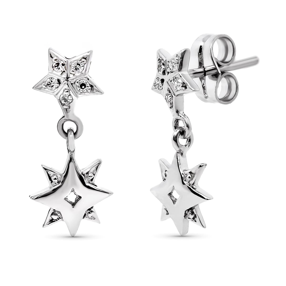 18K Boucles d'oreilles Or Blanc Etoile 17X7 mm Fermoir Poussettes