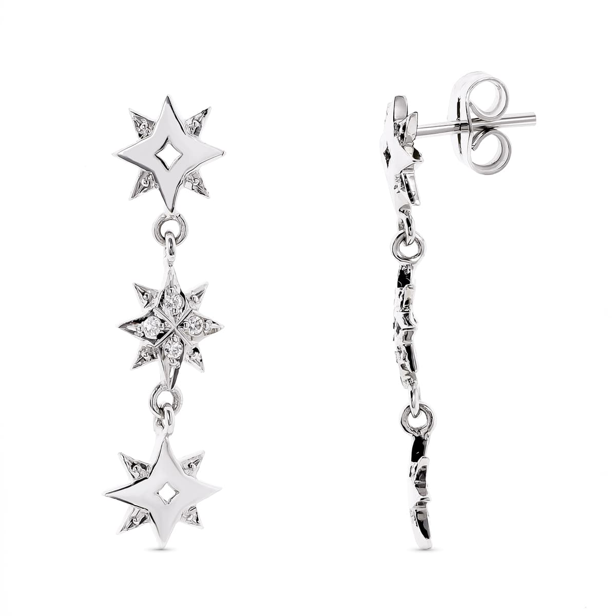 18K Boucles d'oreilles Or Blanc Etoiles et Zircons 28 X 6 mm Fermoir Poussettes