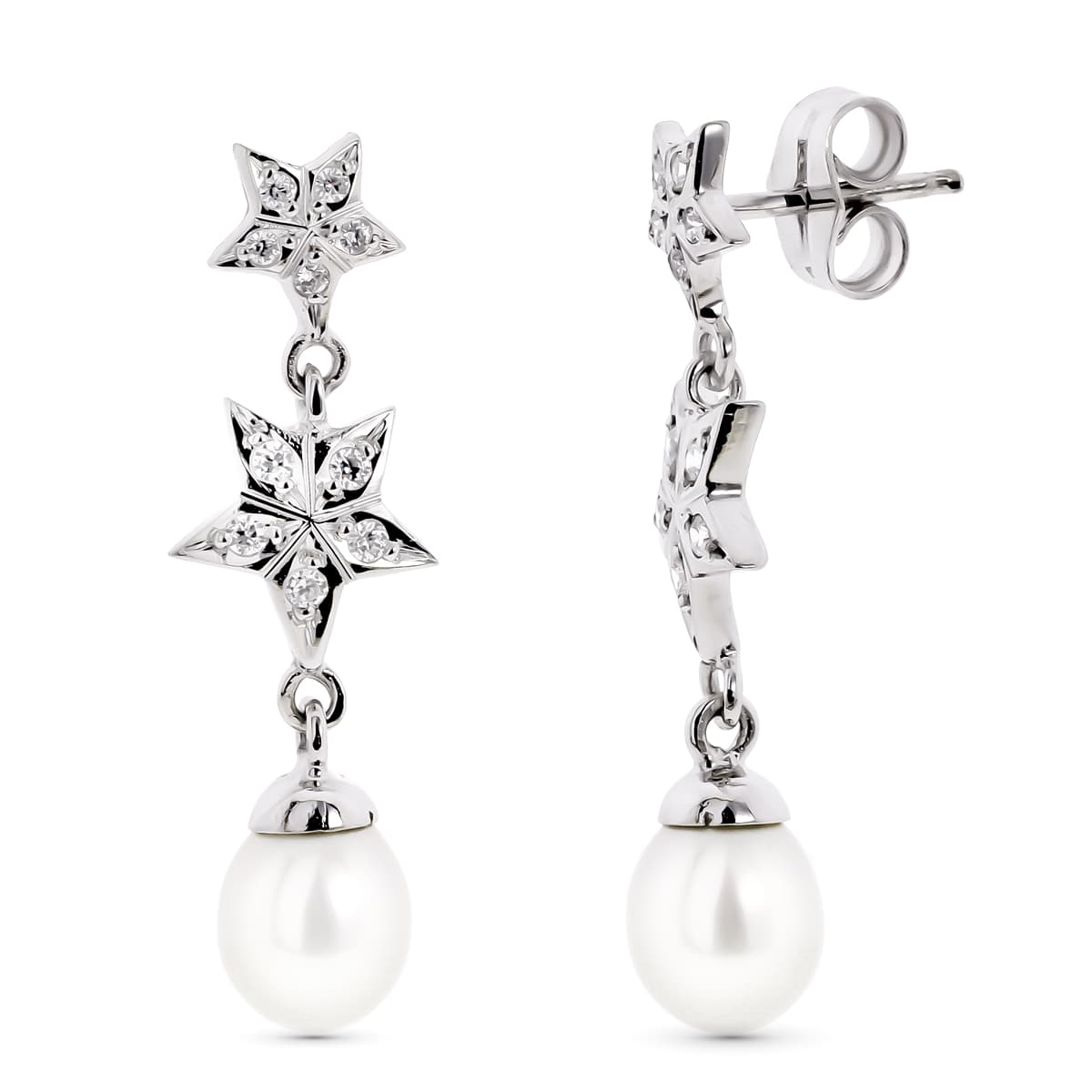 18K Boucles d'oreilles Or Blanc avec Étoiles et Perle