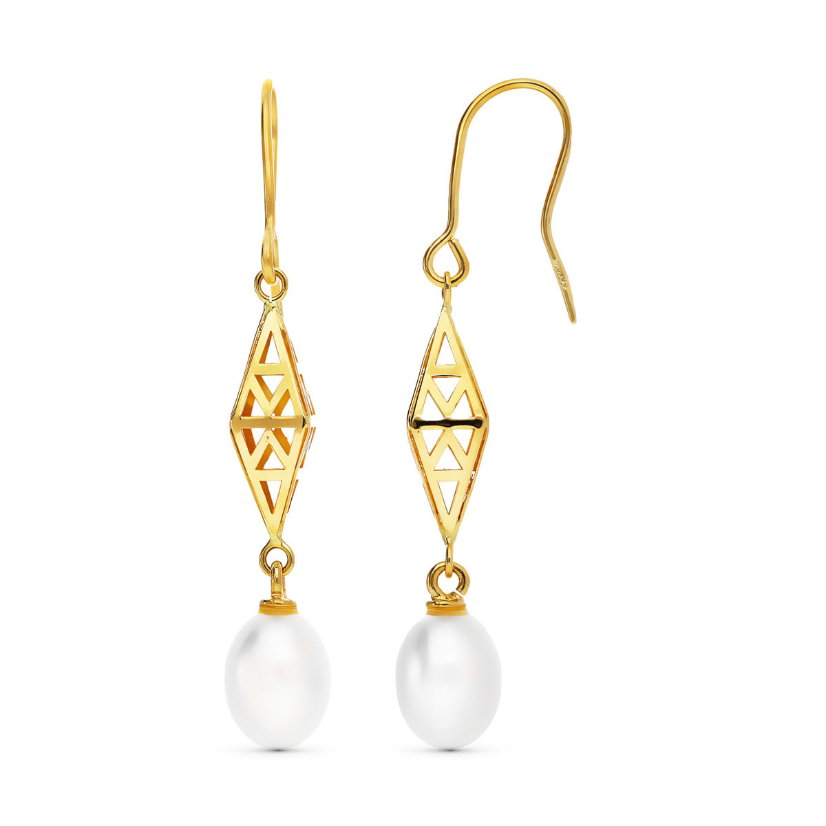 Boucles d'oreilles en Or Jaune 18K Losange 43X7 mm Perle de Culture 9X7 mm Fermoir Hippie