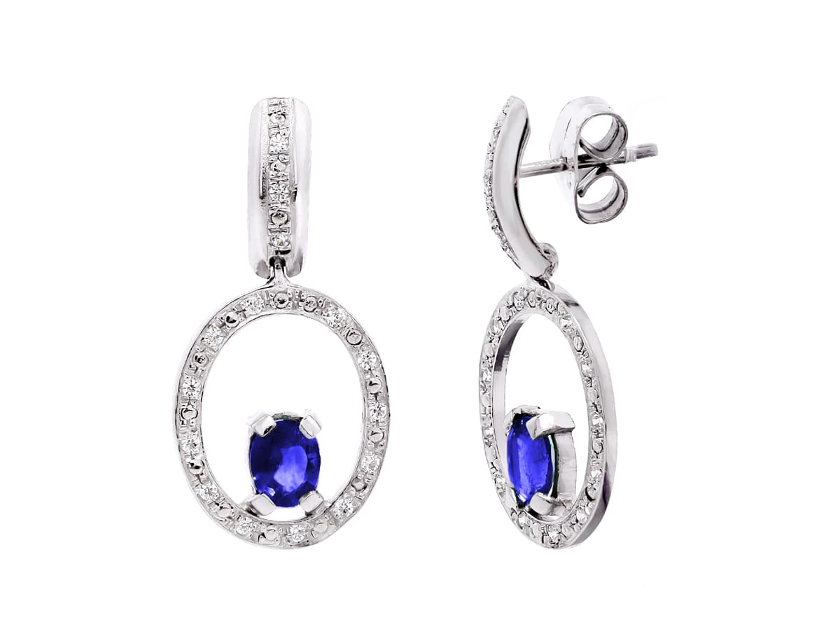 18K White Gold Sapphire and Zircon Earrings Butterfly Clasp