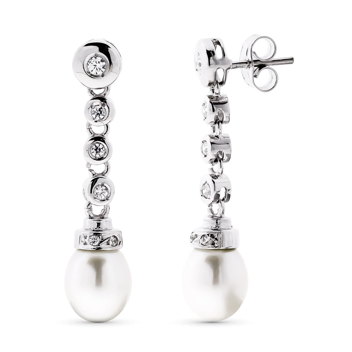 Cercei din aur alb de 18K perle de cultură lungi 8 mm și zirconi totale 30X7 mm Închizătoare pentru cărucior fluture
