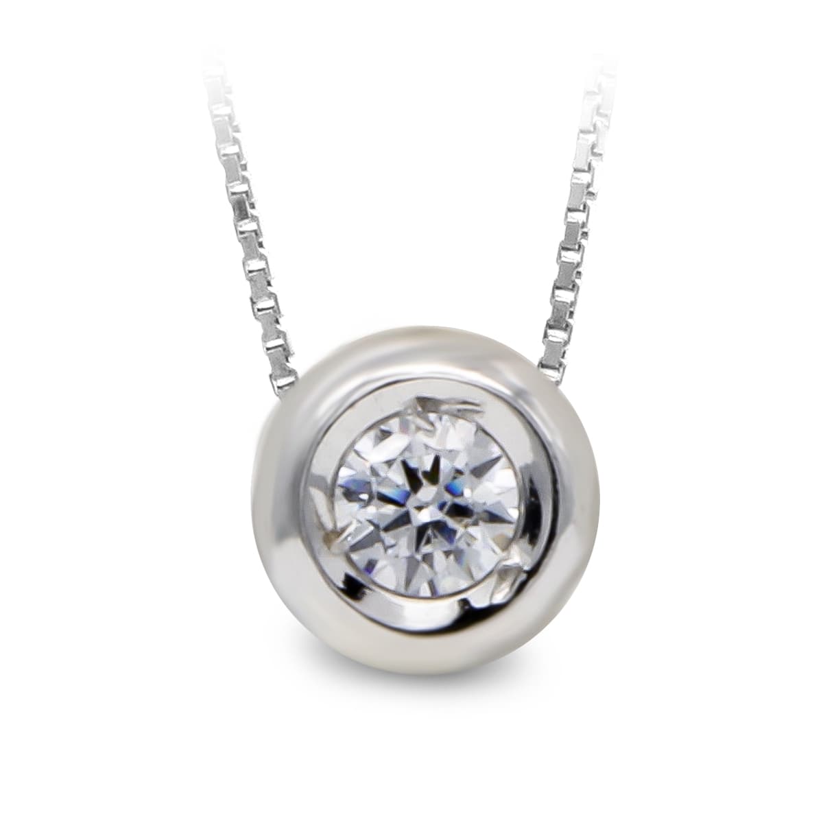 18K Pendentif Or Blanc Zircon 5 mm Chaine 45 Cm