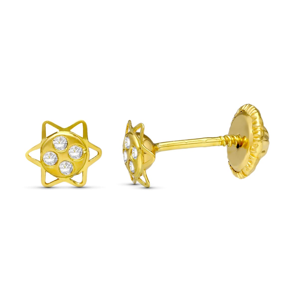 18 Ayar Sarı Altın Yıldız Zirkon Küpe. 5 mm Vidalı Toka