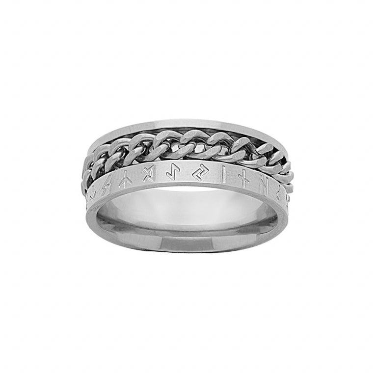 Bague ruban runes celtiques en acier avec chainette non tournante
