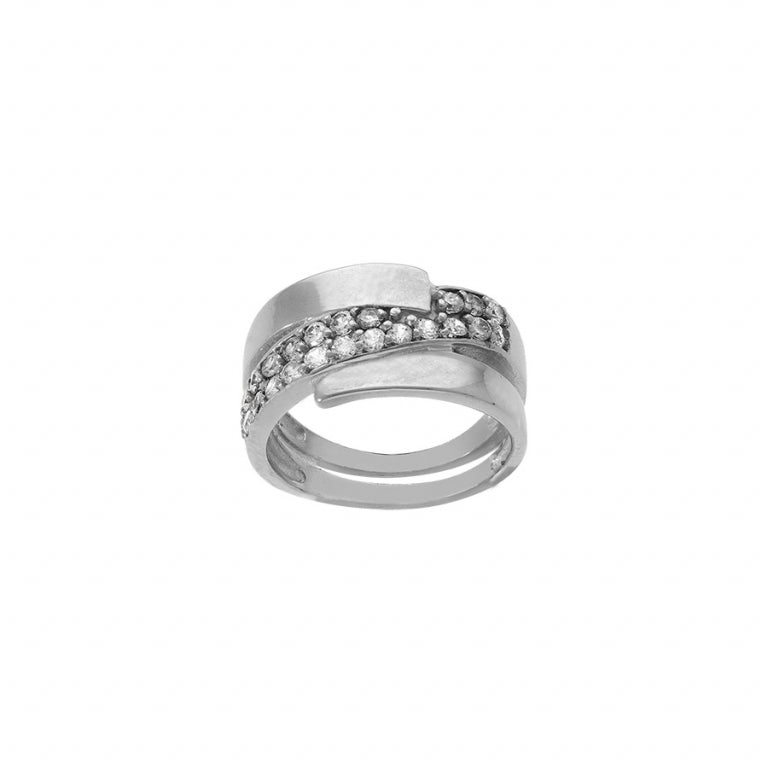 Steel cross pattern wedding ring with white zirconium oxides