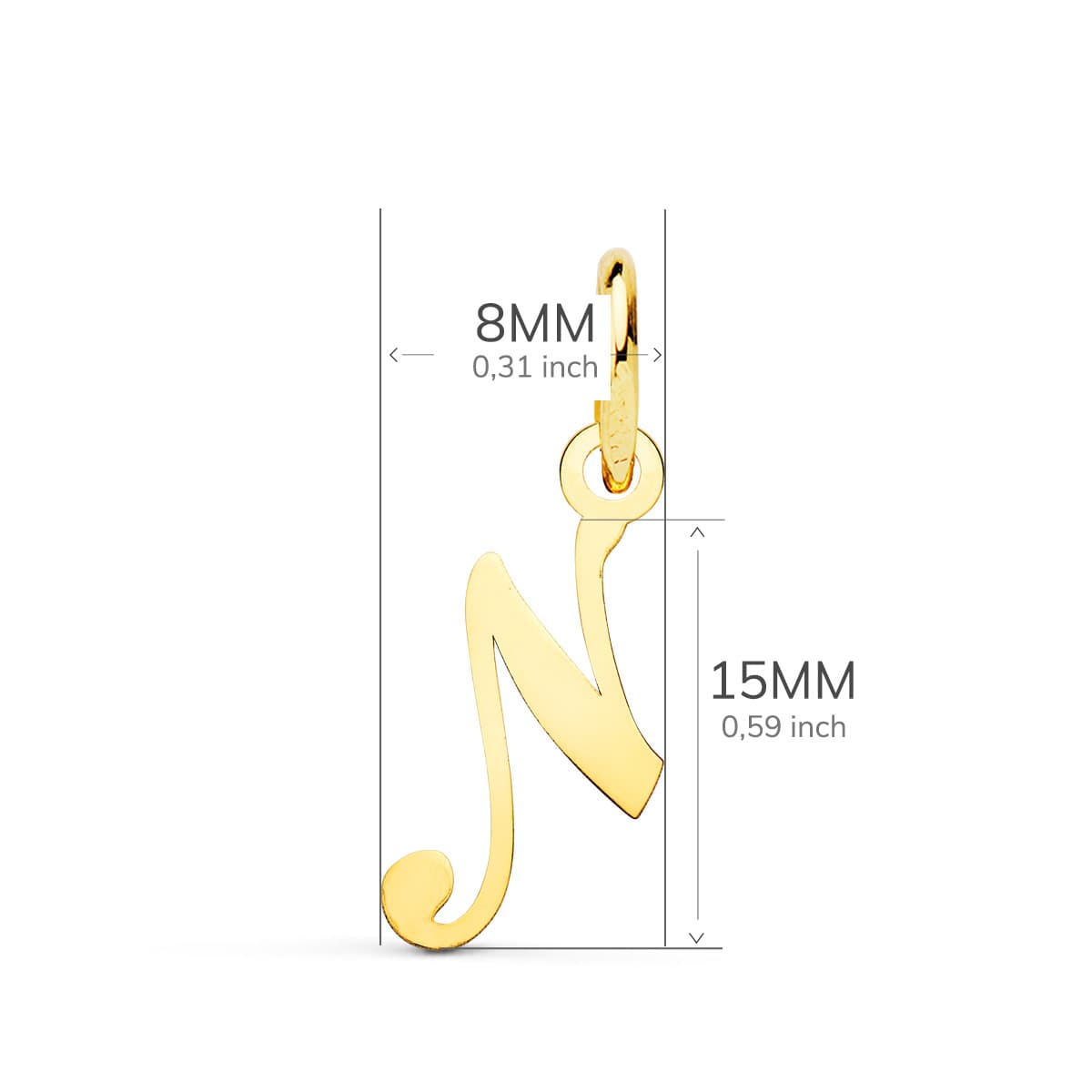 18K gul guld indledende vedhæng "n" 15 X 8 mm