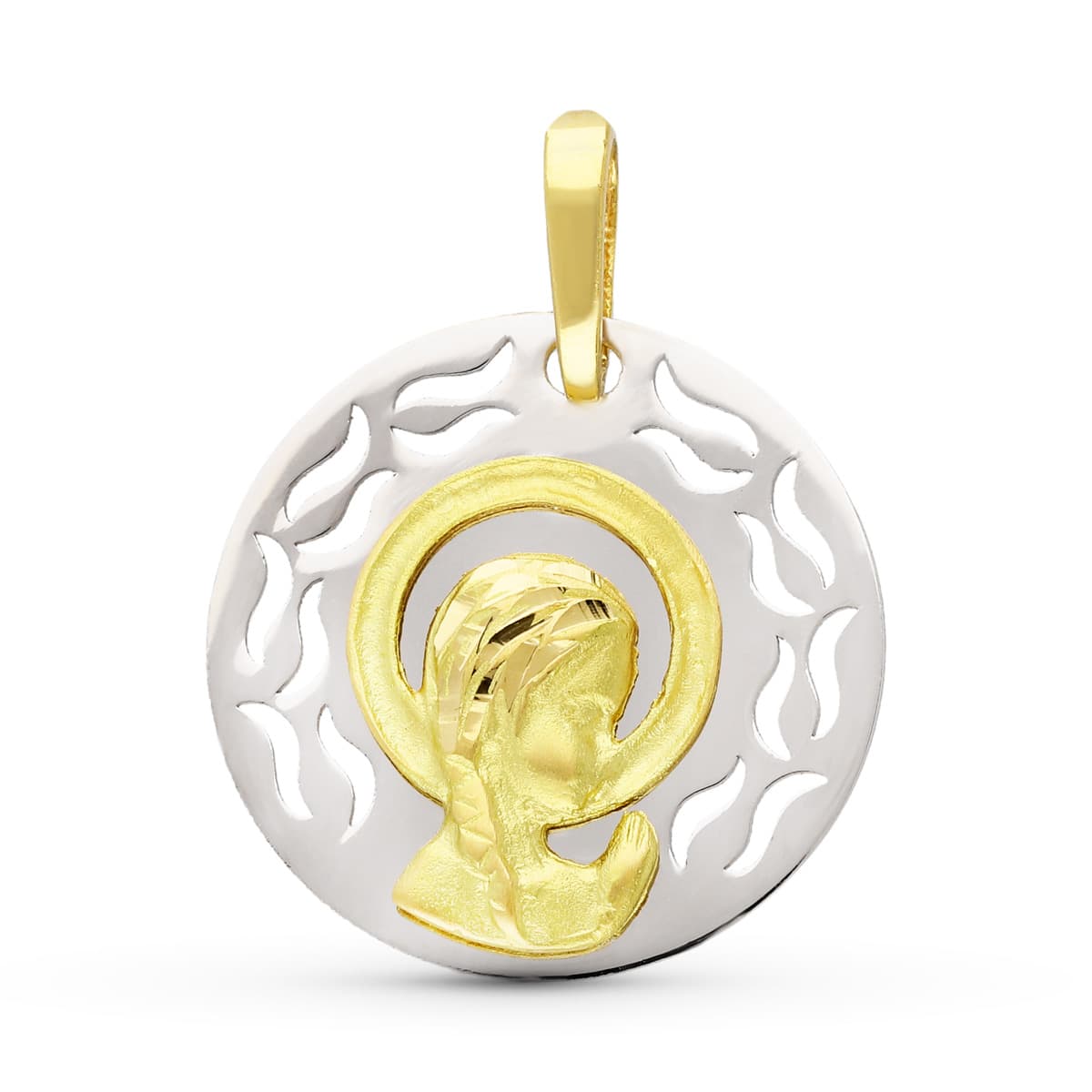 18K tvåfärgad guldmedalj Virgin Child 17 mm