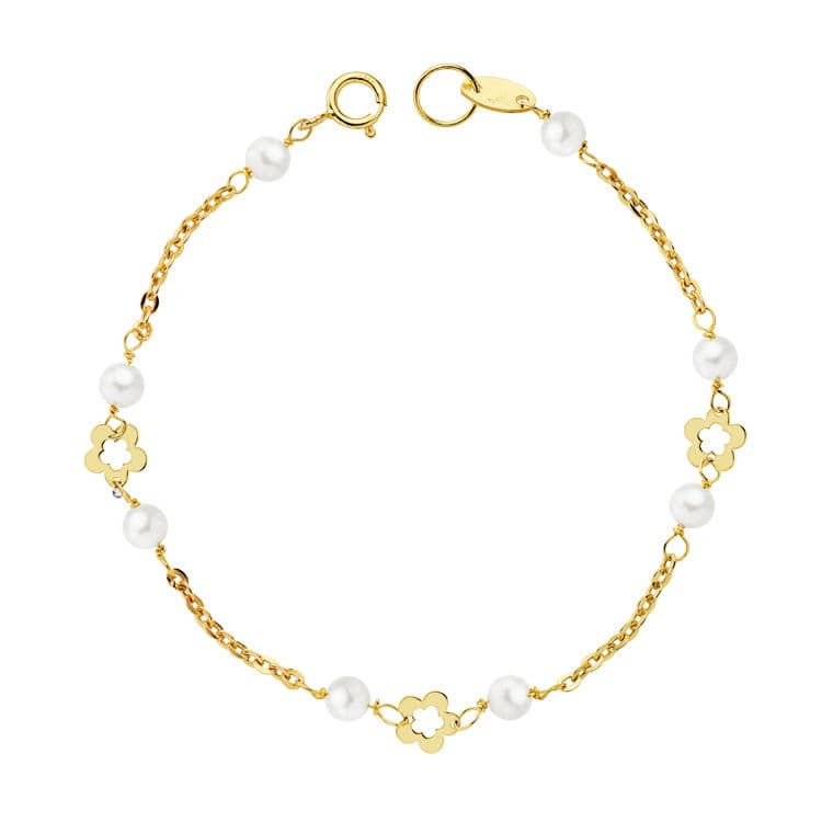 3.5 mm パールと 12 cm フラワー付き 18K イエロー ゴールド ブレスレット