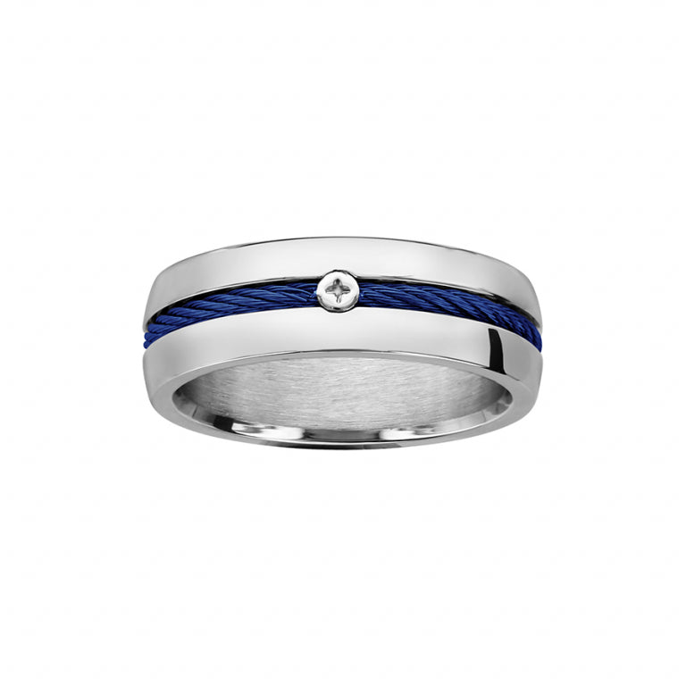 Bague alliance acier câble bleu et vis cruciforme vue avant