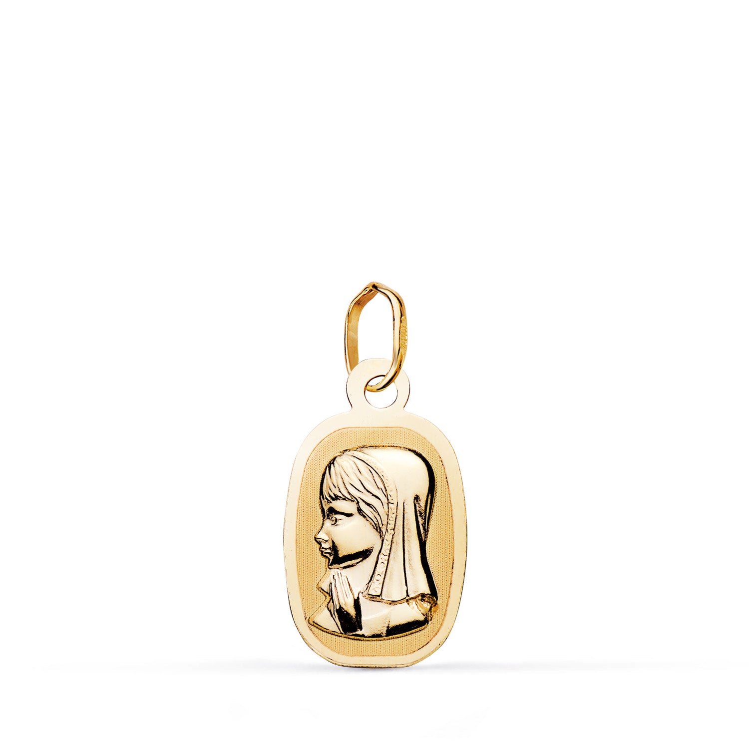 Médaille en Or Jaune 9K Vierge Fille Or Jaune Clair Tonneau Mat et Brillant Taille : 17 X 10 mm