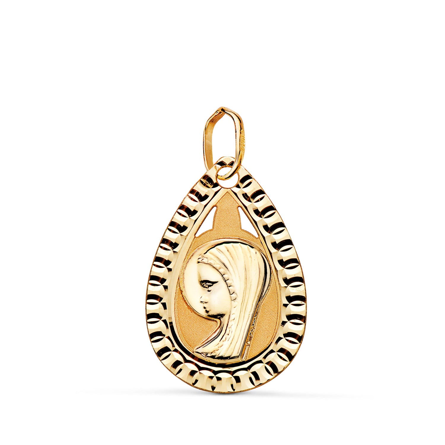 Médaille Or Jaune 9K Vierge Fille Sculptée Larme Mate et Brillante Mesure : 20X13 mm