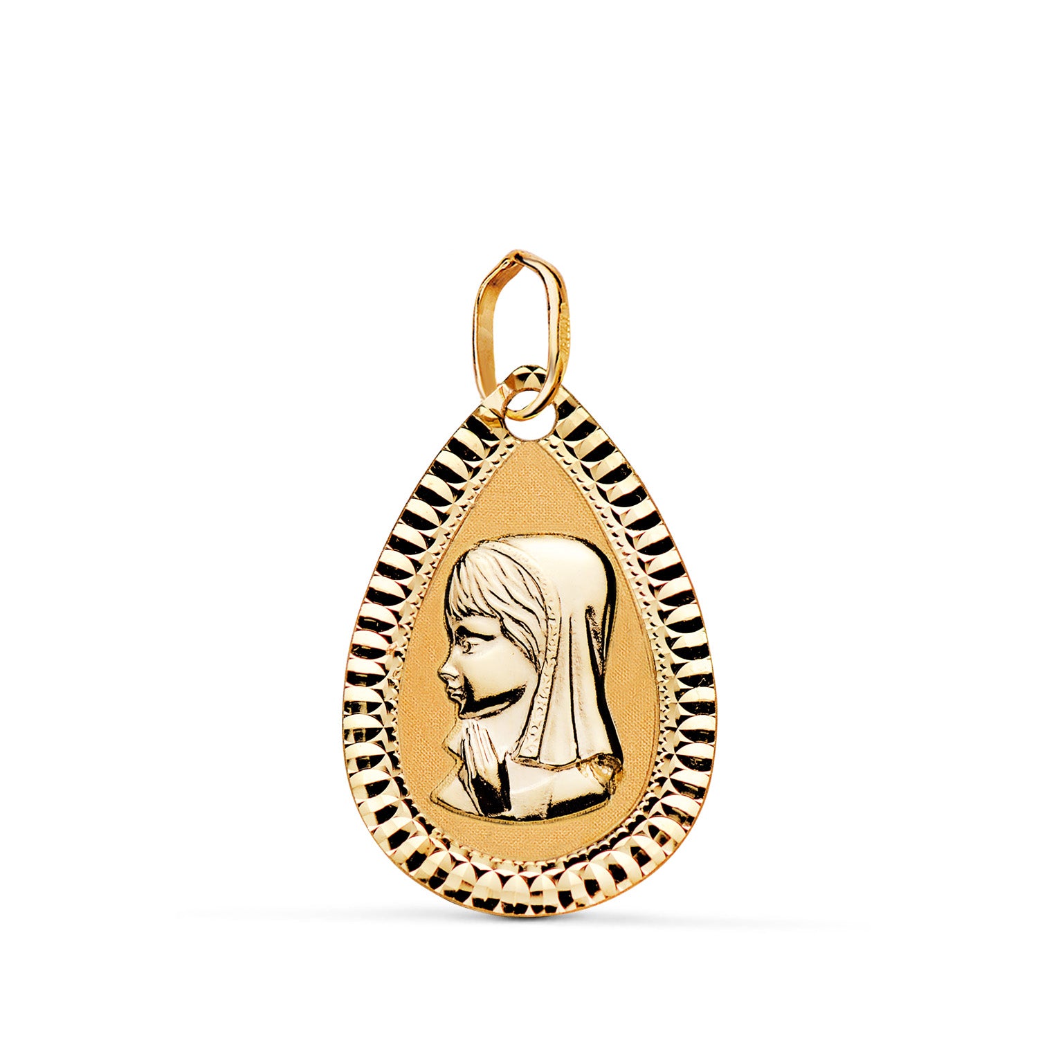 Médaille Or Jaune 9K Vierge Fille Sculptée Larme Mate et Brillante Mesure : 20X13 mm