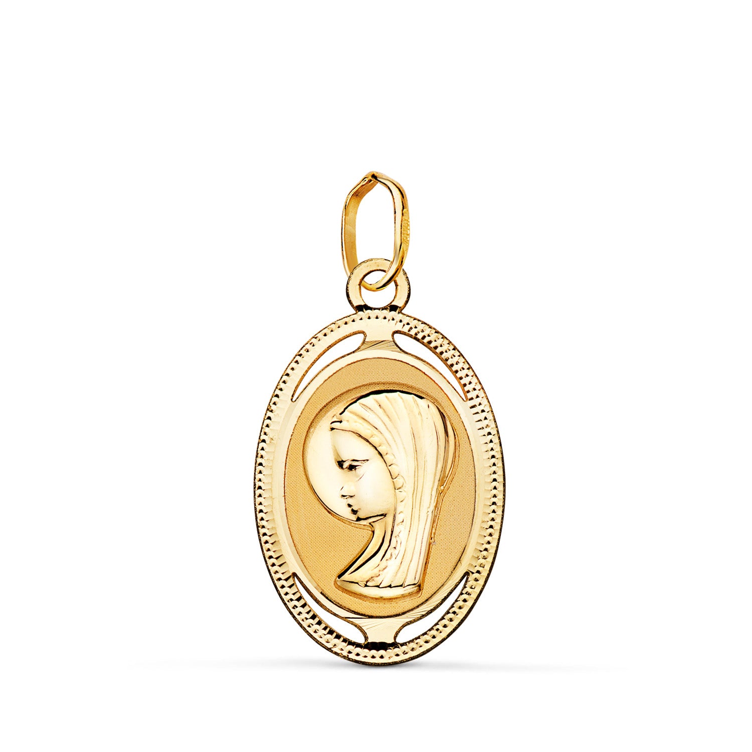Médaille Vierge Ovale en Or Jaune 18K avec Bordure Sculptée et Ajourée 19X12 mm