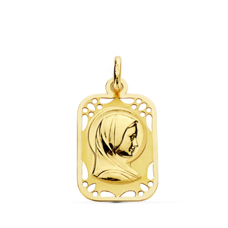 Medalla Oro Amarillo 18K Virgen Niña con Borde Calado 19X11 mm