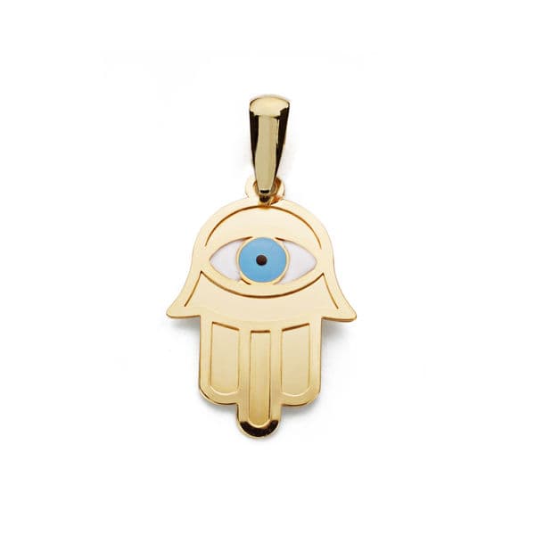 Pendentif Main de Fatima et Oeil Turc Or Jaune 18K 19X13 mm