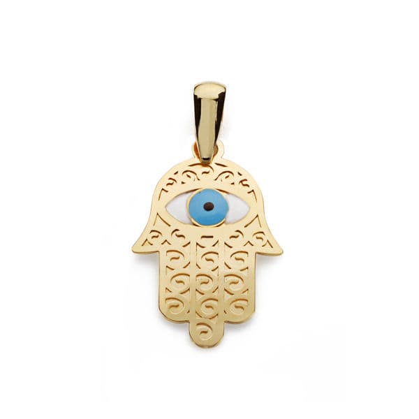 Pendentif Main de Fatima et Oeil Turc Or Jaune 18K 19X13 mm