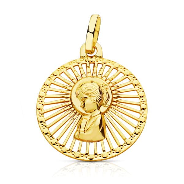 18K Yellow Gold Medal Virgin Girl with Openwork Border 21X18 mm