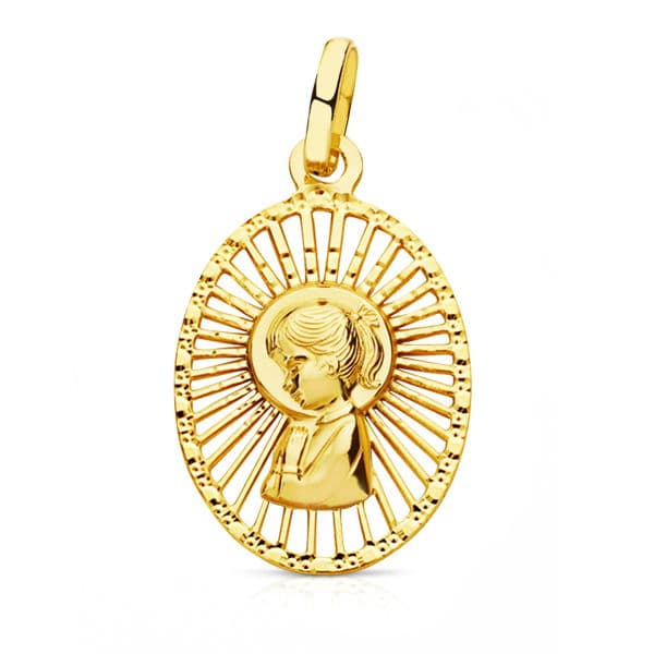 18K Yellow Gold Medal Virgin Girl with Openwork Border 22X14 mm