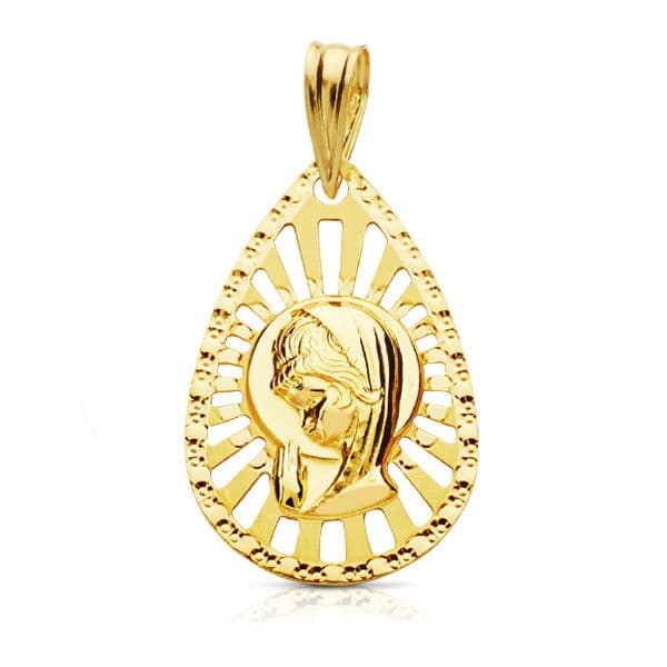 Medalla Oro Amarillo 18K Virgen Niña con Borde Calado 22X19 mm